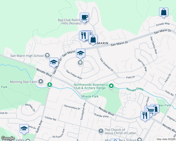 map of restaurants, bars, coffee shops, grocery stores, and more near 23 San Benito Way in Novato