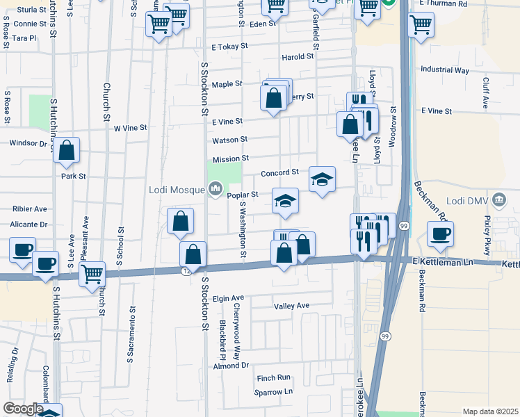 map of restaurants, bars, coffee shops, grocery stores, and more near 328 Poplar Street in Lodi