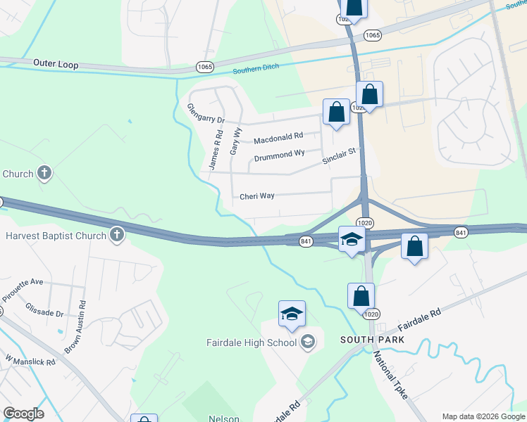 map of restaurants, bars, coffee shops, grocery stores, and more near 621 Cheri Way in Louisville