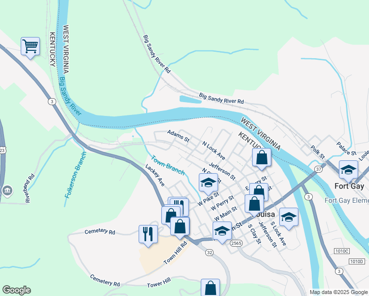map of restaurants, bars, coffee shops, grocery stores, and more near Stewart Street in Louisa
