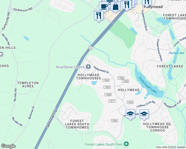 map of restaurants, bars, coffee shops, grocery stores, and more near 1026 Somer Chase Court in Charlottesville