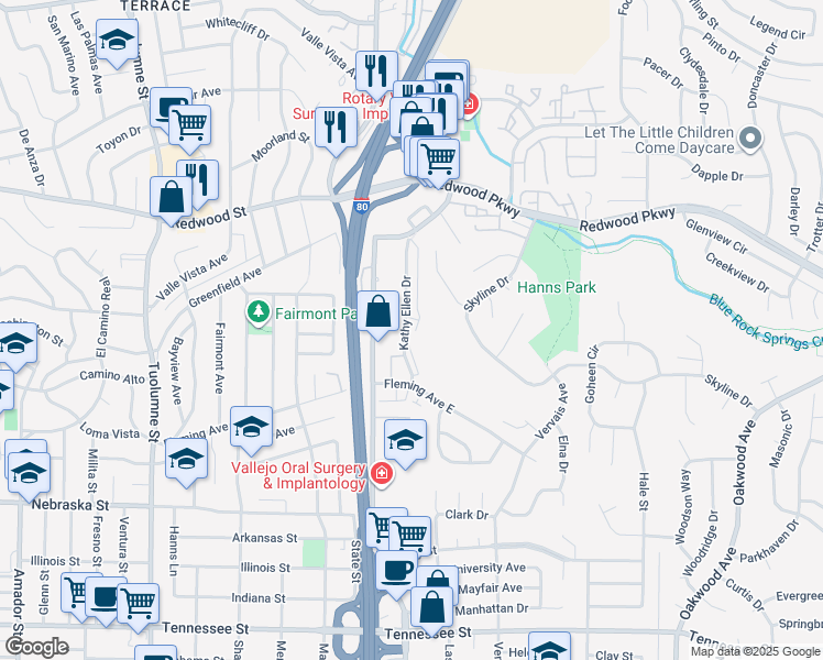 map of restaurants, bars, coffee shops, grocery stores, and more near 160 Kathy Ellen Drive in Vallejo