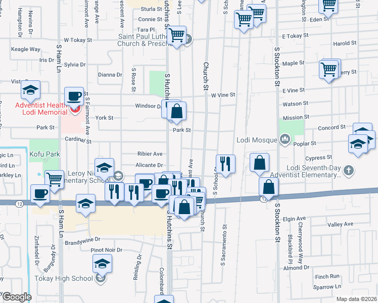 map of restaurants, bars, coffee shops, grocery stores, and more near 1118 South Pleasant Avenue in Lodi