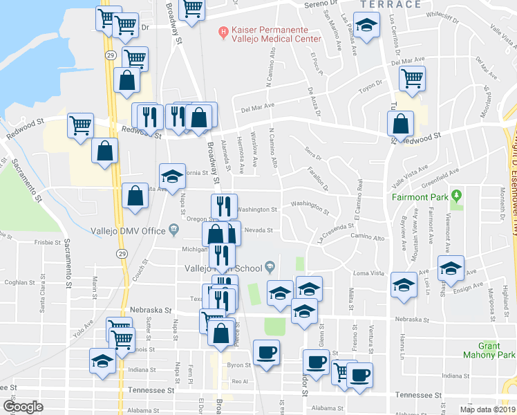 map of restaurants, bars, coffee shops, grocery stores, and more near 379 Valle Vista Avenue in Vallejo