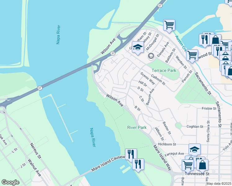map of restaurants, bars, coffee shops, grocery stores, and more near 205 Voyager Drive in Vallejo