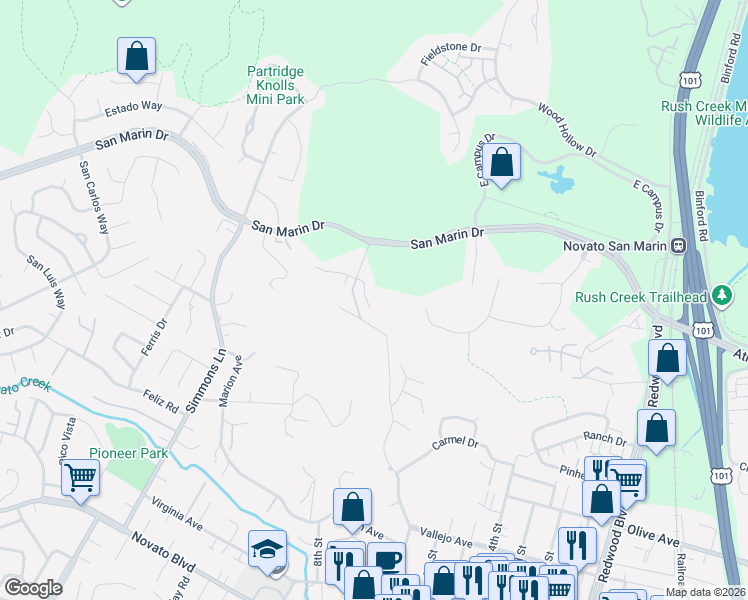 map of restaurants, bars, coffee shops, grocery stores, and more near 134 Rockrose Way in Novato