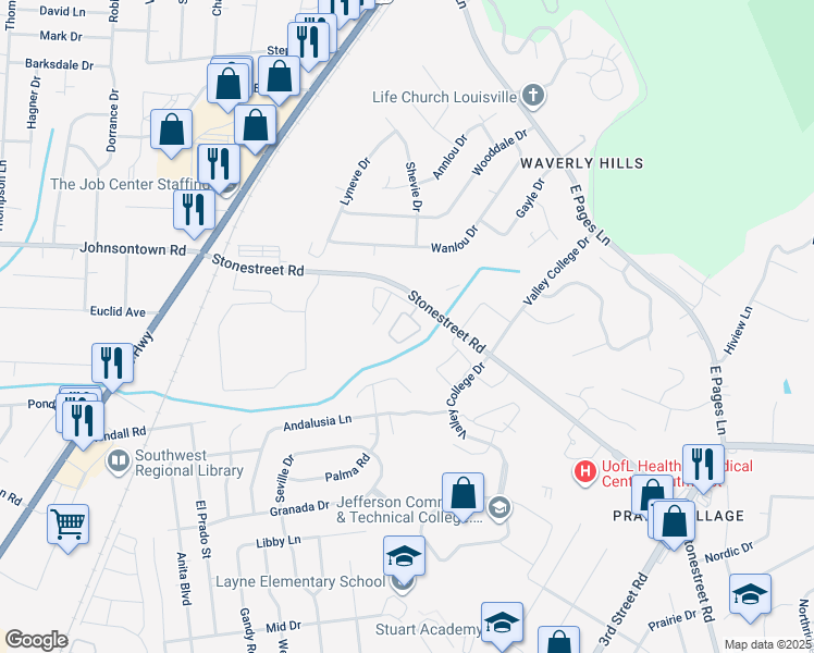 map of restaurants, bars, coffee shops, grocery stores, and more near 4728 Kennedy Place Circle in Louisville