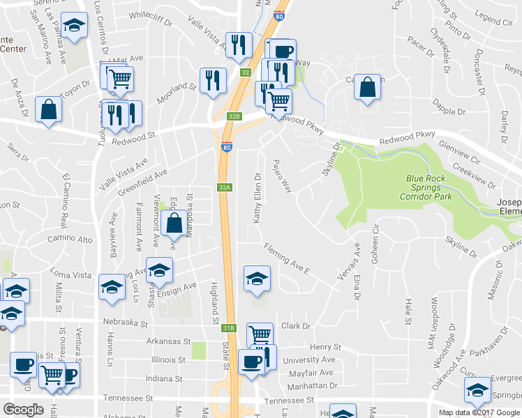 map of restaurants, bars, coffee shops, grocery stores, and more near 160 Kathy Ellen Drive in Vallejo