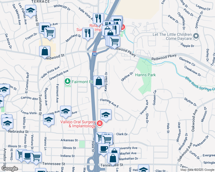map of restaurants, bars, coffee shops, grocery stores, and more near 160 Kathy Ellen Drive in Vallejo