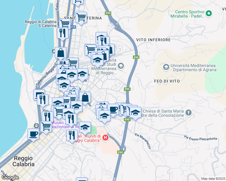 map of restaurants, bars, coffee shops, grocery stores, and more near Salita Zerbi in Reggio Calabria