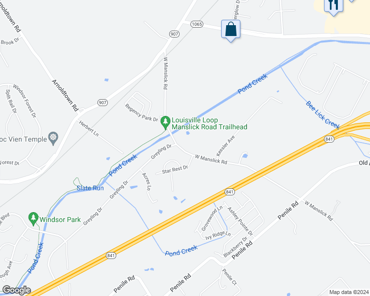 map of restaurants, bars, coffee shops, grocery stores, and more near 9005 West Manslick Road in Louisville