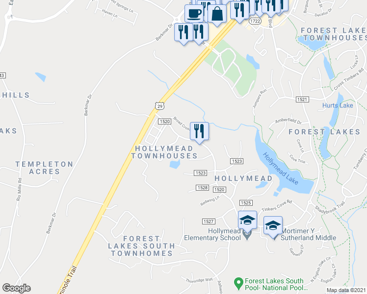 map of restaurants, bars, coffee shops, grocery stores, and more near 1009 Somer Chase Court in Charlottesville