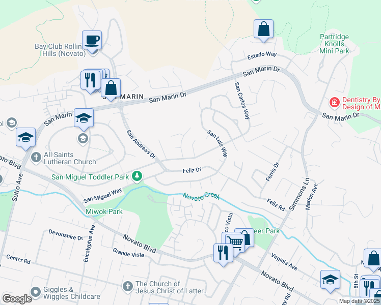 map of restaurants, bars, coffee shops, grocery stores, and more near 22 Corona Court in Novato