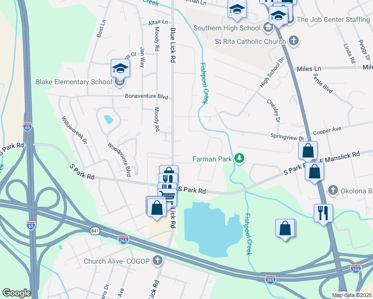 map of restaurants, bars, coffee shops, grocery stores, and more near 8915 Blue Lick Road in Louisville