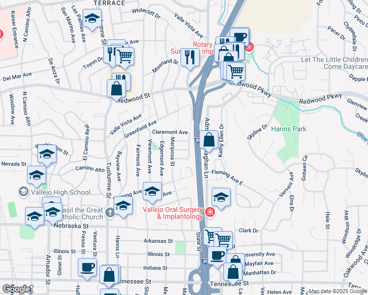 map of restaurants, bars, coffee shops, grocery stores, and more near 1418 Okeefe Way in Vallejo