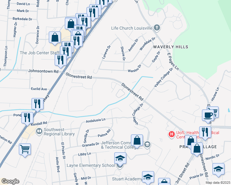 map of restaurants, bars, coffee shops, grocery stores, and more near 4708 Kennedy Place Circle in Louisville