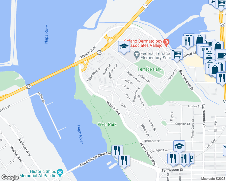 map of restaurants, bars, coffee shops, grocery stores, and more near 204 B Street in Vallejo