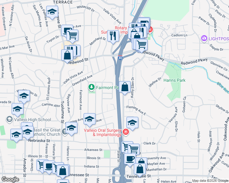 map of restaurants, bars, coffee shops, grocery stores, and more near 1358 Monteith Drive in Vallejo