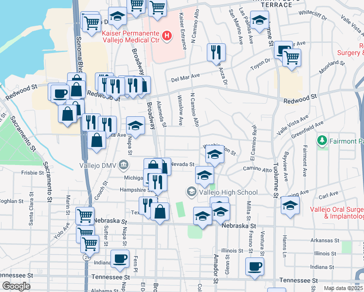 map of restaurants, bars, coffee shops, grocery stores, and more near 317 Valle Vista Avenue in Vallejo