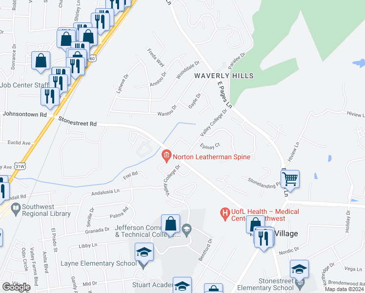 map of restaurants, bars, coffee shops, grocery stores, and more near 9301 Stonestreet Road in Louisville