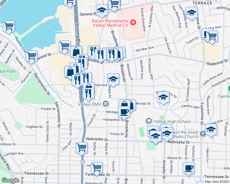 map of restaurants, bars, coffee shops, grocery stores, and more near 500 Oregon Street in Vallejo