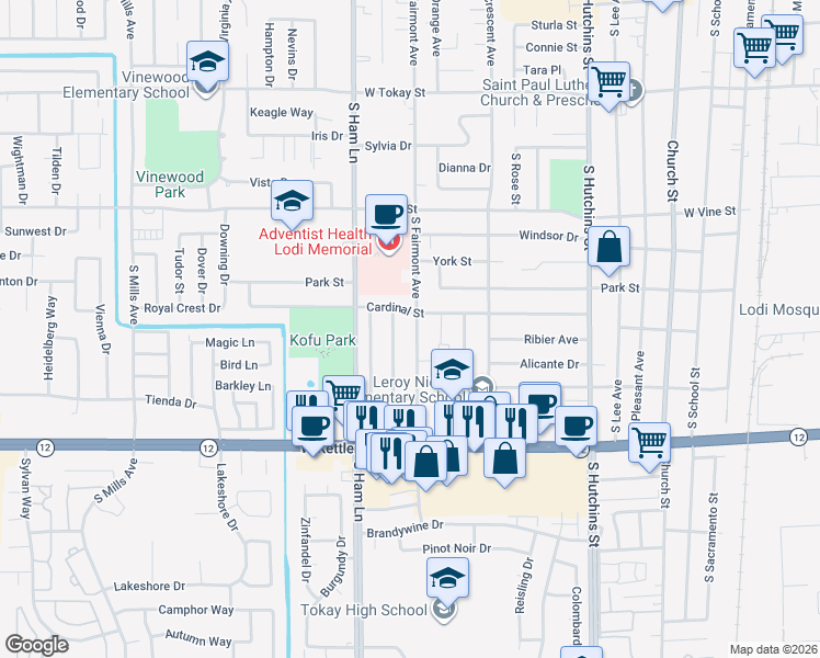 map of restaurants, bars, coffee shops, grocery stores, and more near 1118 South Fairmont Avenue in Lodi