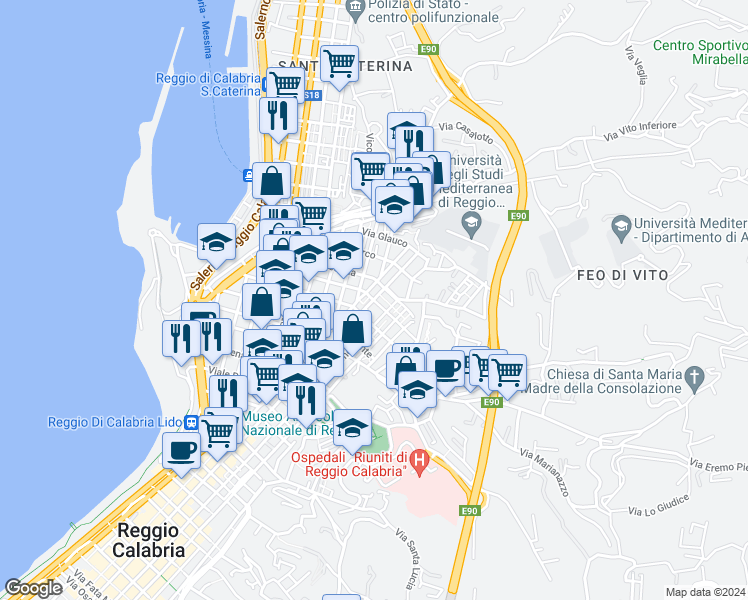 map of restaurants, bars, coffee shops, grocery stores, and more near 5 Via Pensilvania in Reggio Calabria