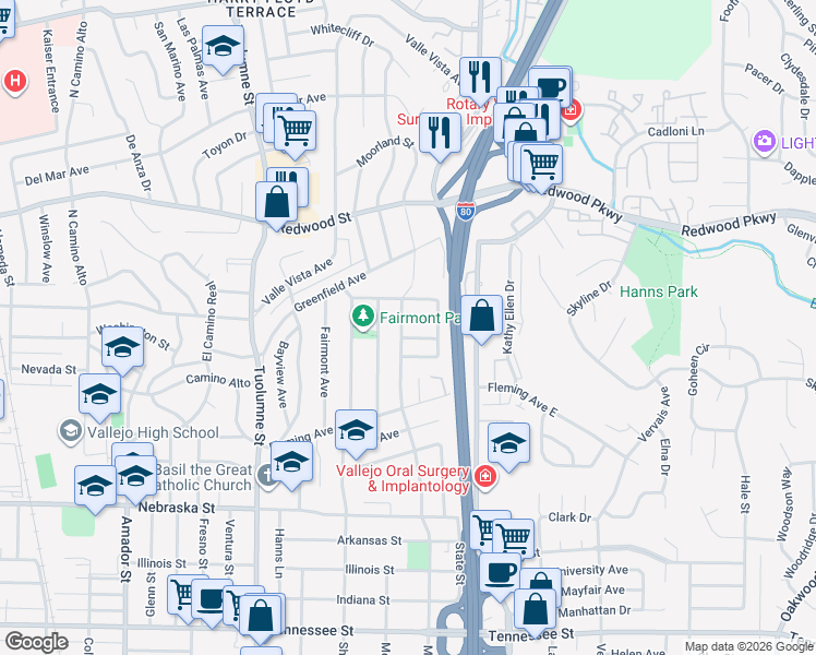 map of restaurants, bars, coffee shops, grocery stores, and more near 1408 Lislin Way in Vallejo