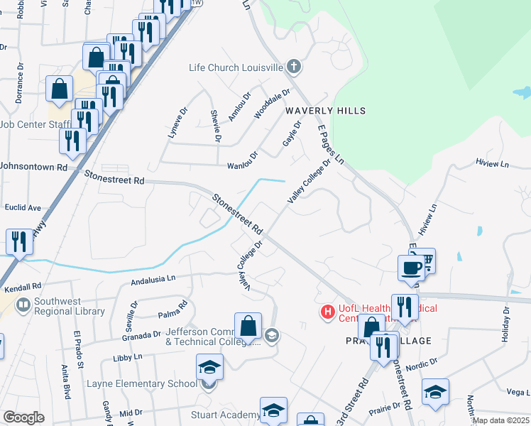 map of restaurants, bars, coffee shops, grocery stores, and more near 9301 Stonestreet Road in Louisville