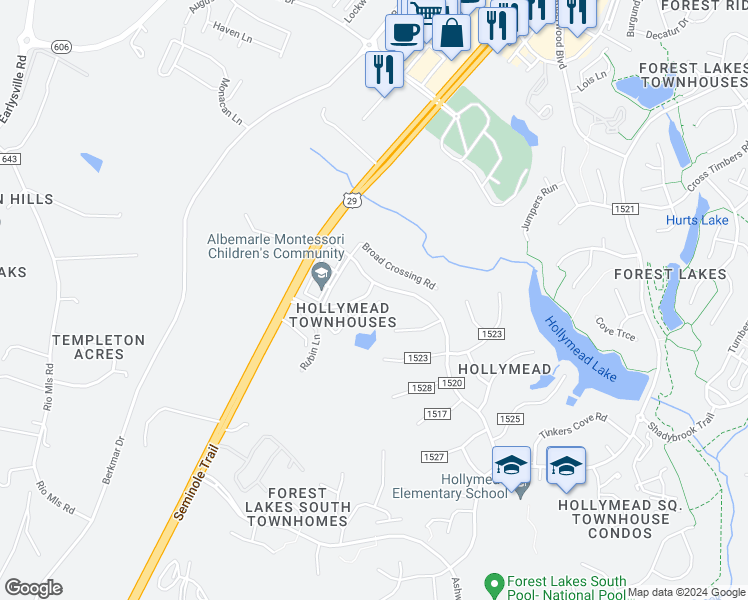 map of restaurants, bars, coffee shops, grocery stores, and more near 1010 Somer Chase Court in Charlottesville