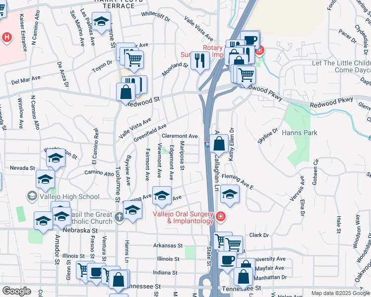 map of restaurants, bars, coffee shops, grocery stores, and more near 1408 Lislin Way in Vallejo
