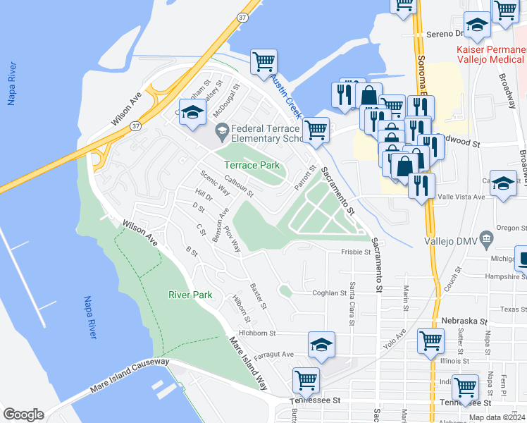 map of restaurants, bars, coffee shops, grocery stores, and more near 29 Calhoun Street in Vallejo