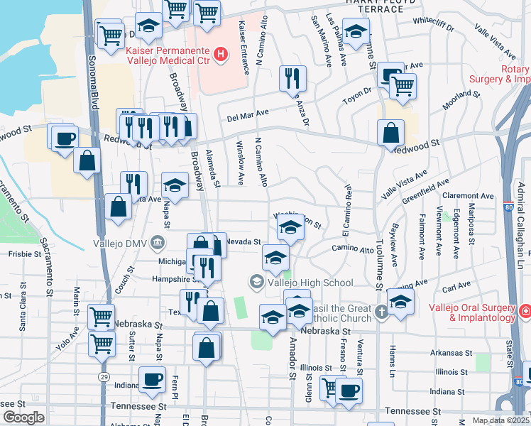 map of restaurants, bars, coffee shops, grocery stores, and more near 207 North Camino Alto in Vallejo
