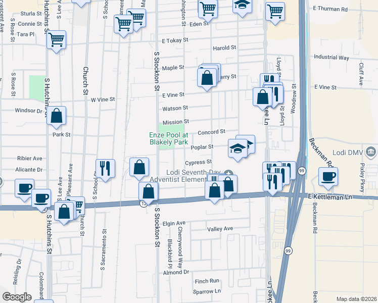 map of restaurants, bars, coffee shops, grocery stores, and more near 305 Poplar Street in Lodi
