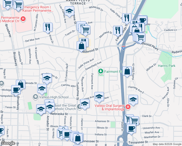 map of restaurants, bars, coffee shops, grocery stores, and more near 246 Fairmont Avenue in Vallejo