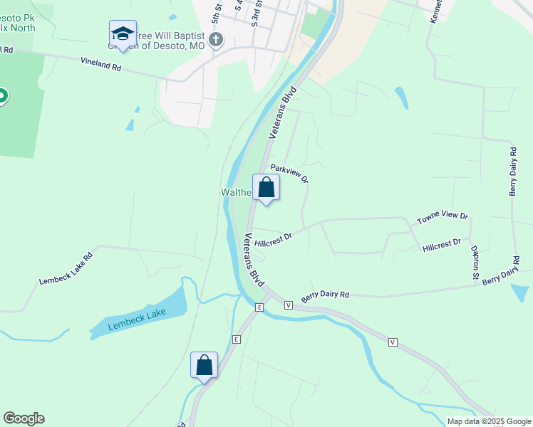 map of restaurants, bars, coffee shops, grocery stores, and more near 1607 Veterans Drive in De Soto