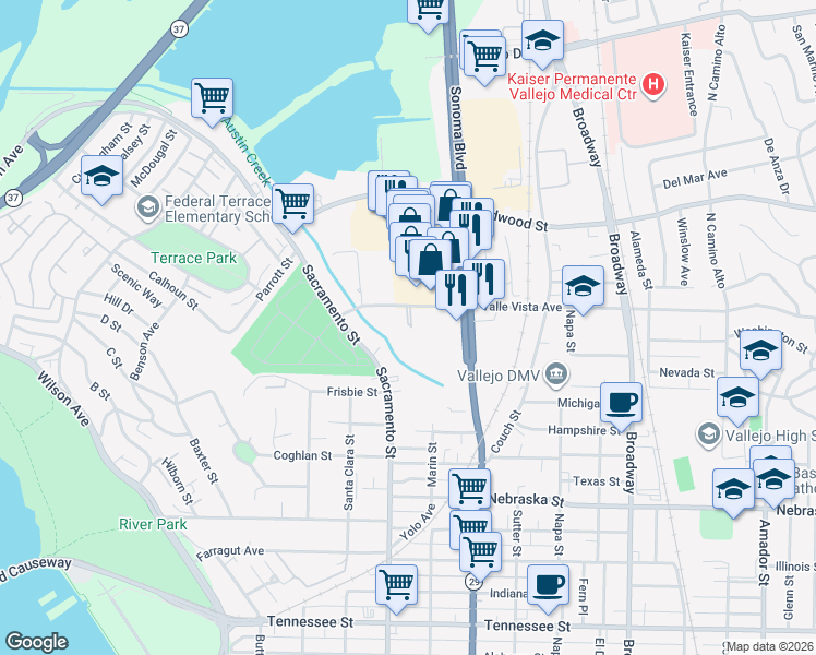map of restaurants, bars, coffee shops, grocery stores, and more near 55 Valle Vista Avenue in Vallejo