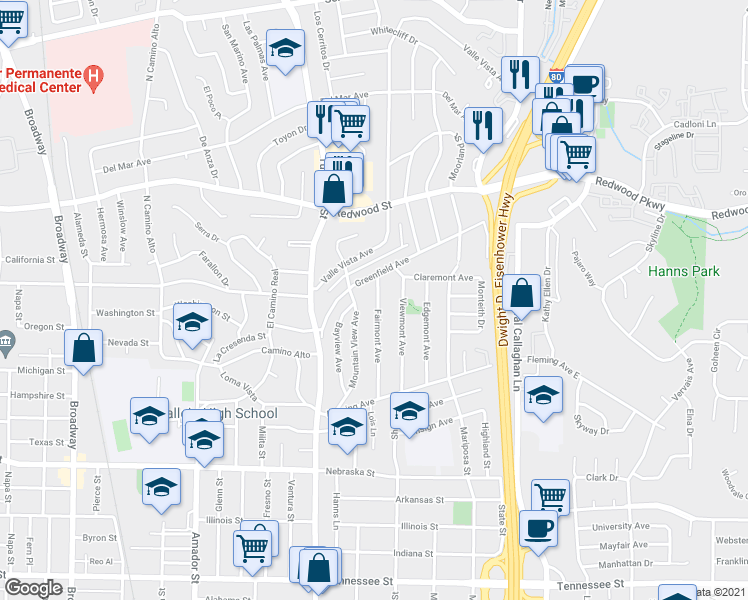 map of restaurants, bars, coffee shops, grocery stores, and more near 233 Fairmont Avenue in Vallejo