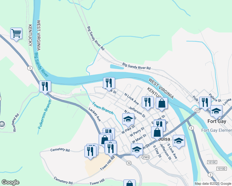 map of restaurants, bars, coffee shops, grocery stores, and more near Stewart Street in Louisa