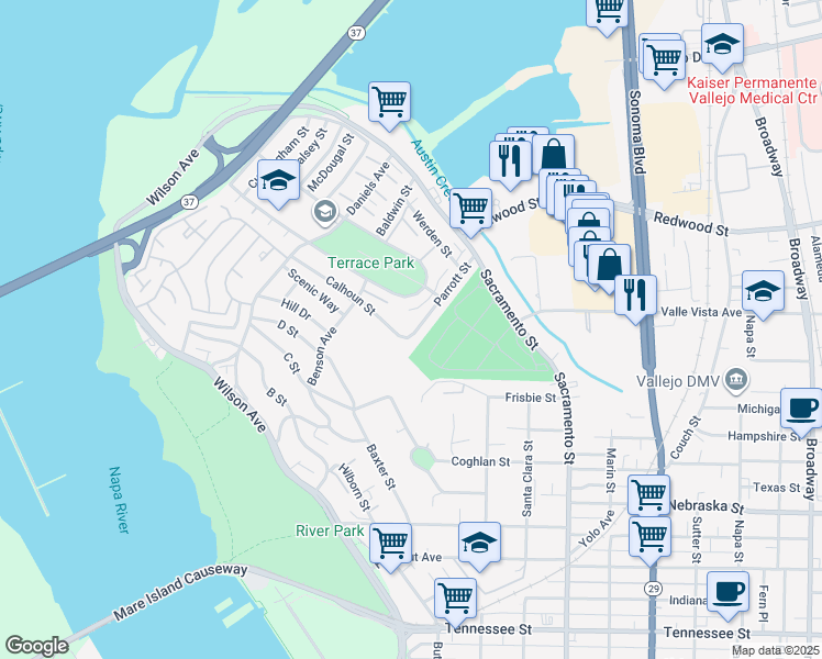map of restaurants, bars, coffee shops, grocery stores, and more near 53 Parrott Street in Vallejo
