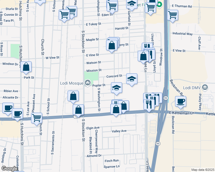 map of restaurants, bars, coffee shops, grocery stores, and more near 328 Poplar Street in Lodi