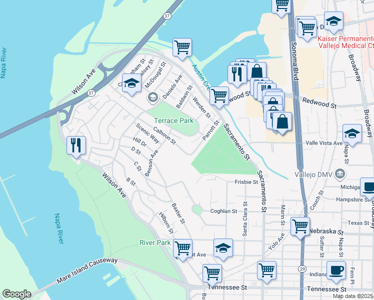 map of restaurants, bars, coffee shops, grocery stores, and more near 16 Calhoun Street in Vallejo
