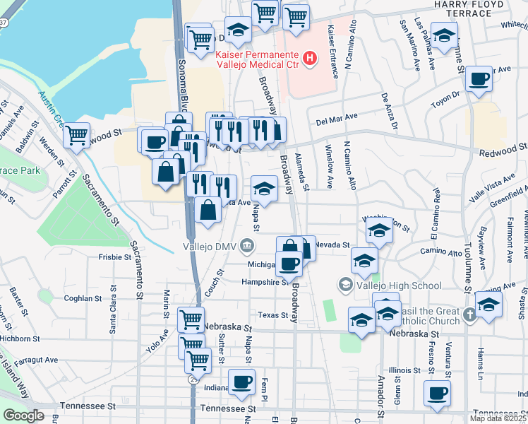 map of restaurants, bars, coffee shops, grocery stores, and more near 500 Oregon Street in Vallejo
