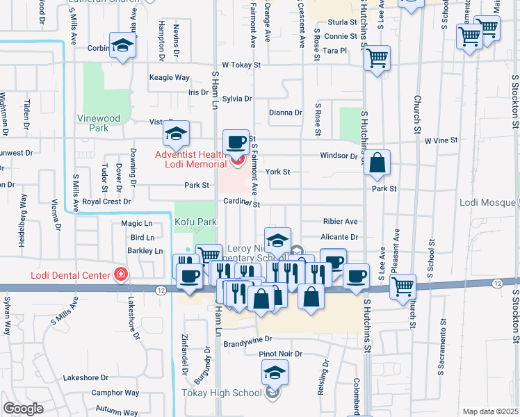 map of restaurants, bars, coffee shops, grocery stores, and more near 1118 South Fairmont Avenue in Lodi