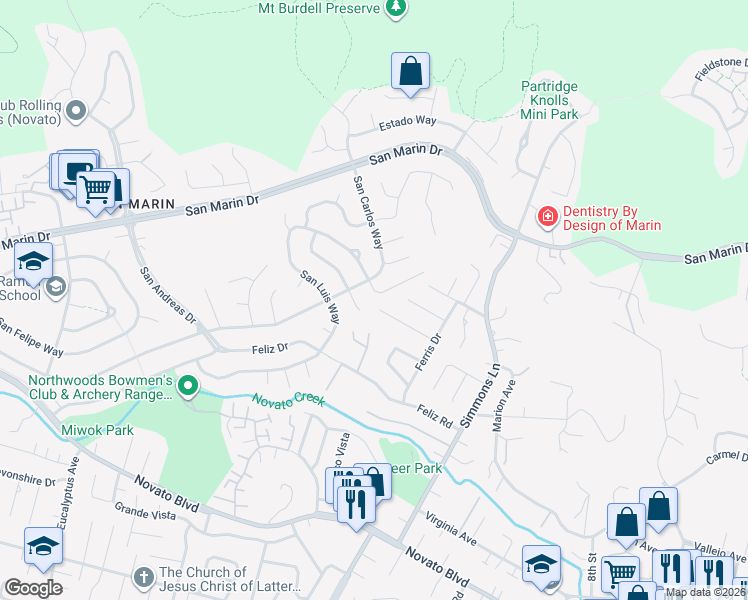 map of restaurants, bars, coffee shops, grocery stores, and more near 18 San Luis Court in Novato
