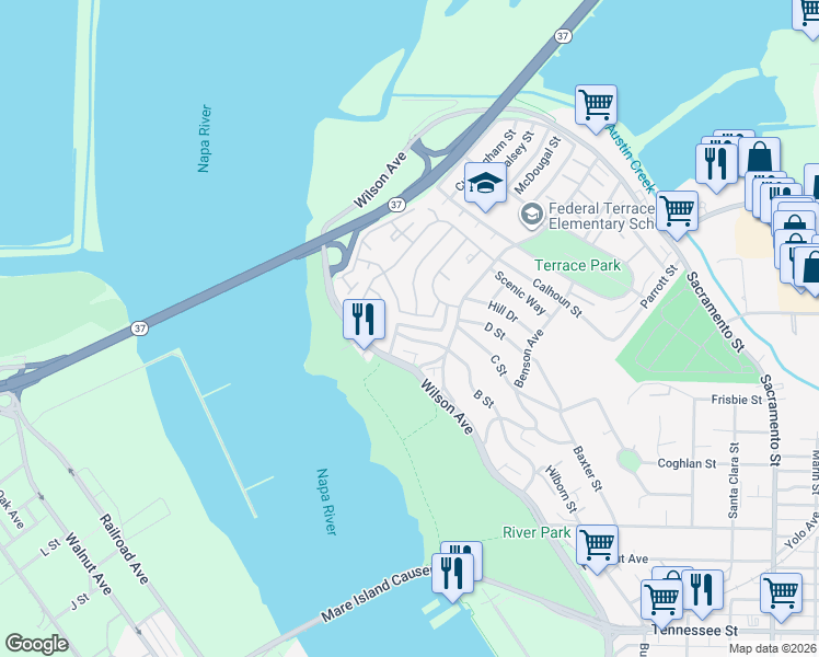 map of restaurants, bars, coffee shops, grocery stores, and more near 246 Hillside Street in Vallejo