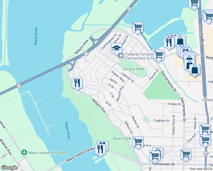 map of restaurants, bars, coffee shops, grocery stores, and more near 63 D Street in Vallejo