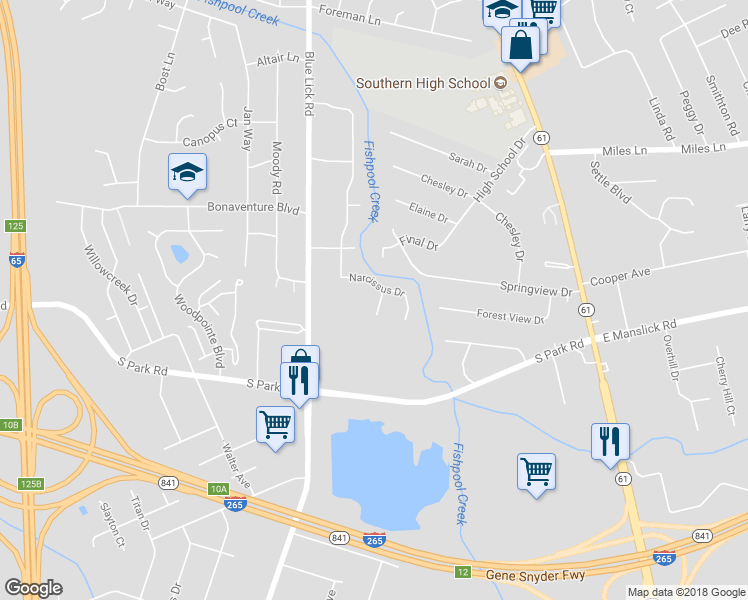 map of restaurants, bars, coffee shops, grocery stores, and more near 9002 Delee Way in Louisville