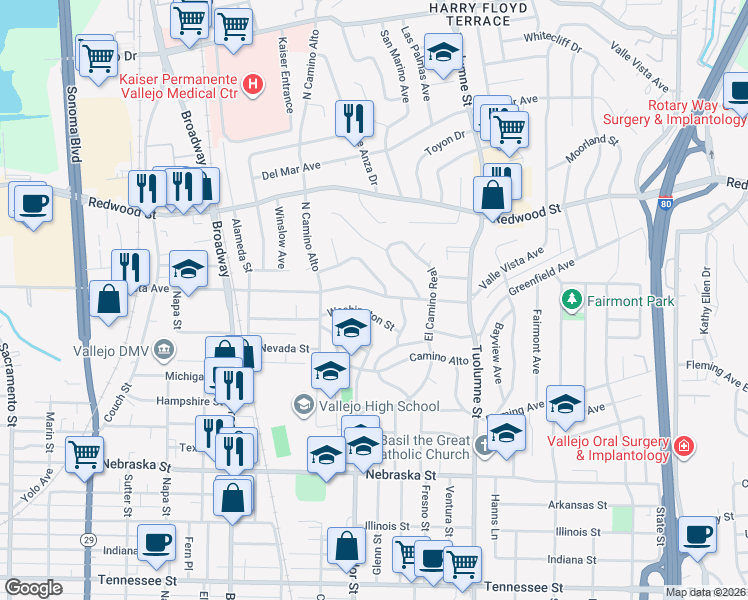 map of restaurants, bars, coffee shops, grocery stores, and more near 451 Valle Vista Avenue in Vallejo