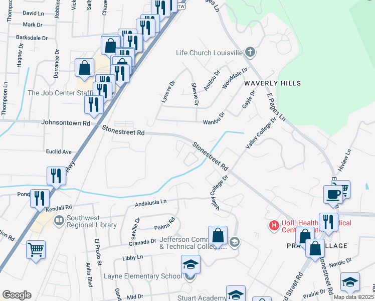 map of restaurants, bars, coffee shops, grocery stores, and more near 4728 Kennedy Place Circle in Louisville
